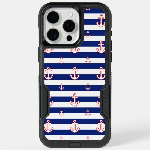 Nautical Style Anchors on Navy Stripes iPhone 15 Pro Max Case