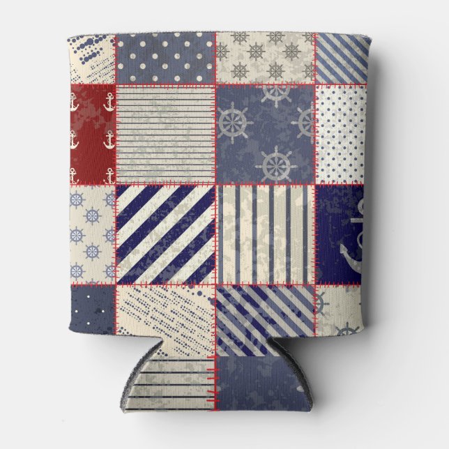 Nautical Style Grunge Patchwork Background Can Cooler (Front)