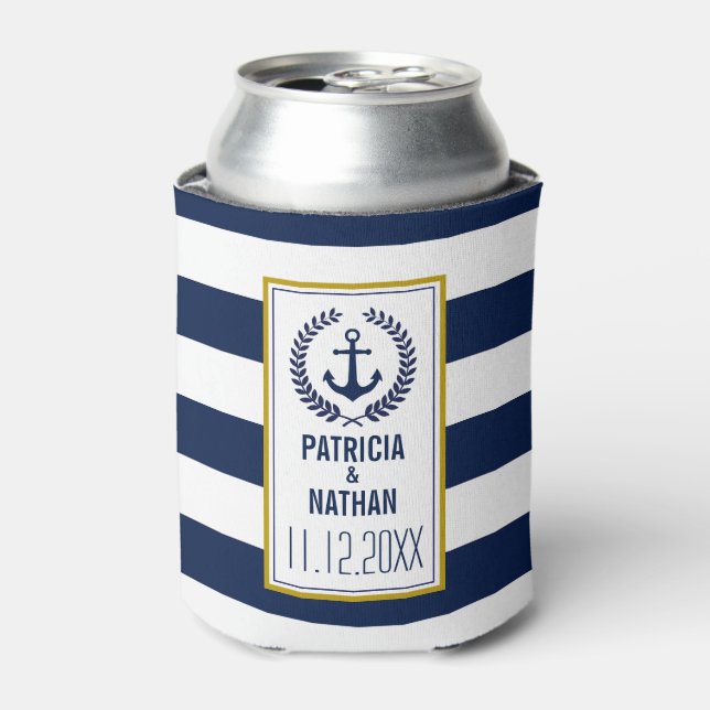 Nautical Style Navy Stripes Fun Wedding Favor Can Cooler (Can Front)