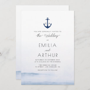 nautical style watercolor blue wedding invitation
