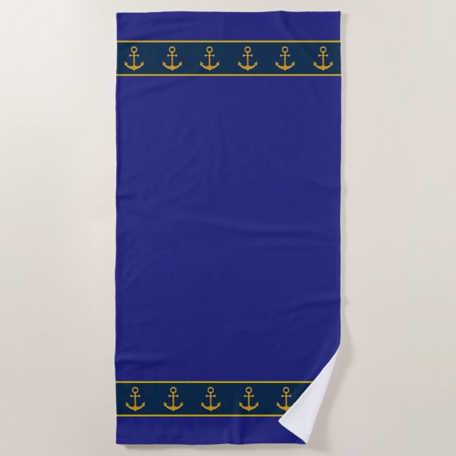 Nautical, Stylish Golden Anchors on Navy Blue Beach Towel (Front)