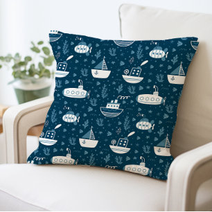 Nautical Submarine and Boat Print  Throw Pillow