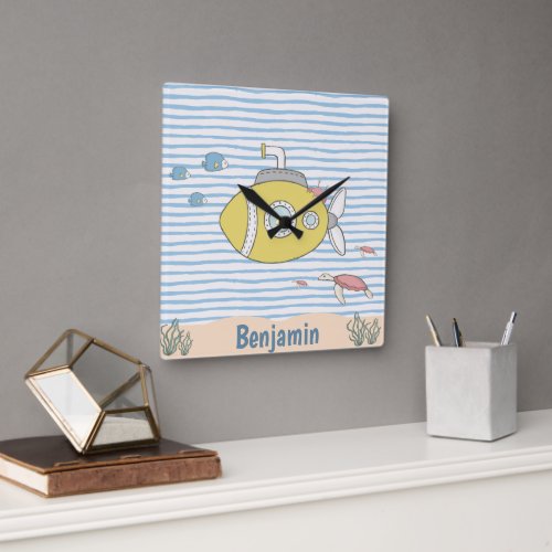 Nautical Submarine Blue Baby Boy Nursery Square Wall Clock