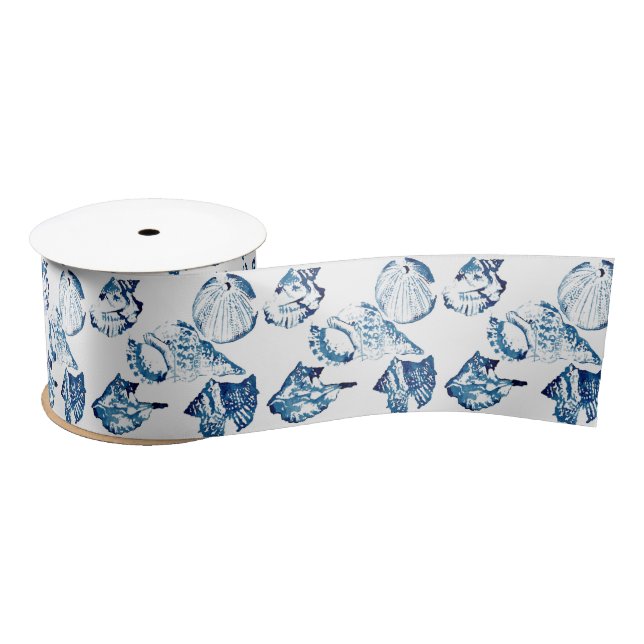 nautical summer beach chic coastal blue  seashell satin ribbon (Spool)
