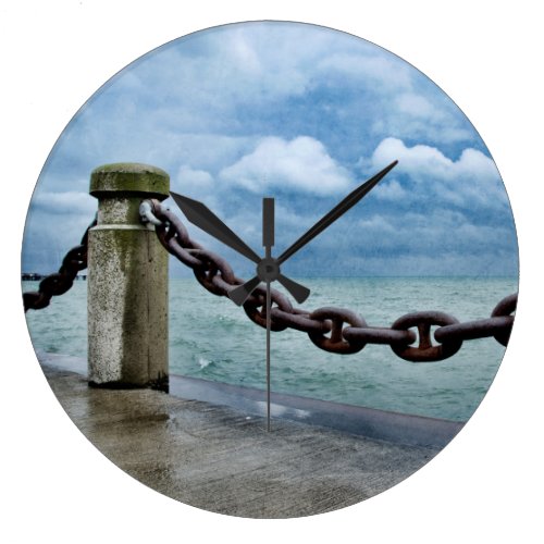 Nautical Summer Beach Front Blue Sky Rustic Large Clock