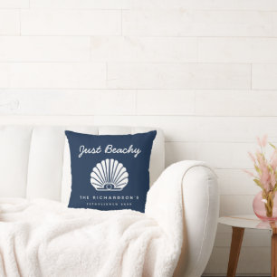 Nautical Summer Beach House Family Name Navy Blue Throw Pillow