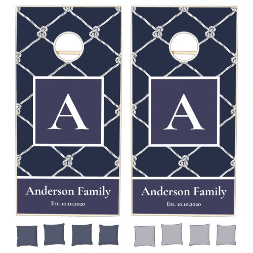 Nautical Summer Fun Navy Blue White Monogram Name Cornhole Set