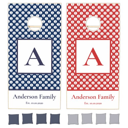 Nautical Summer Navy Blue Red Teams Monogram Name Cornhole Set