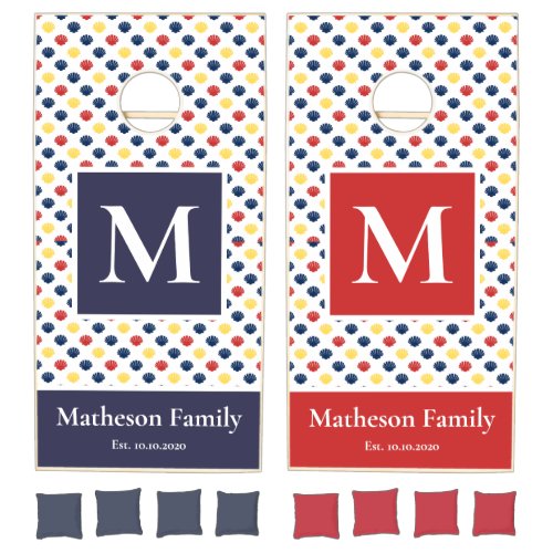 Nautical Summer Navy Blue Red Teams Monogram Name Cornhole Set