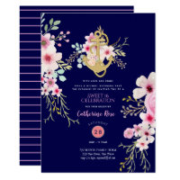 Nautical Sweet 16 Invites Navy Blue Pink Flower