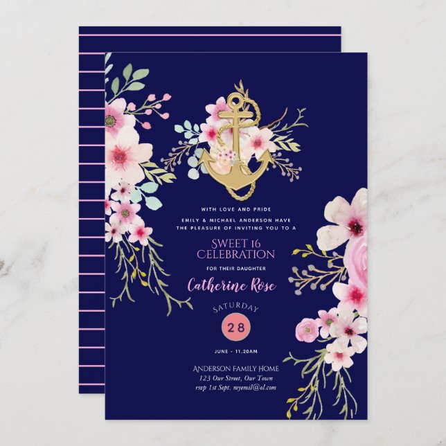 Nautical Sweet 16 Invites Navy Blue Pink Flower (Front/Back)