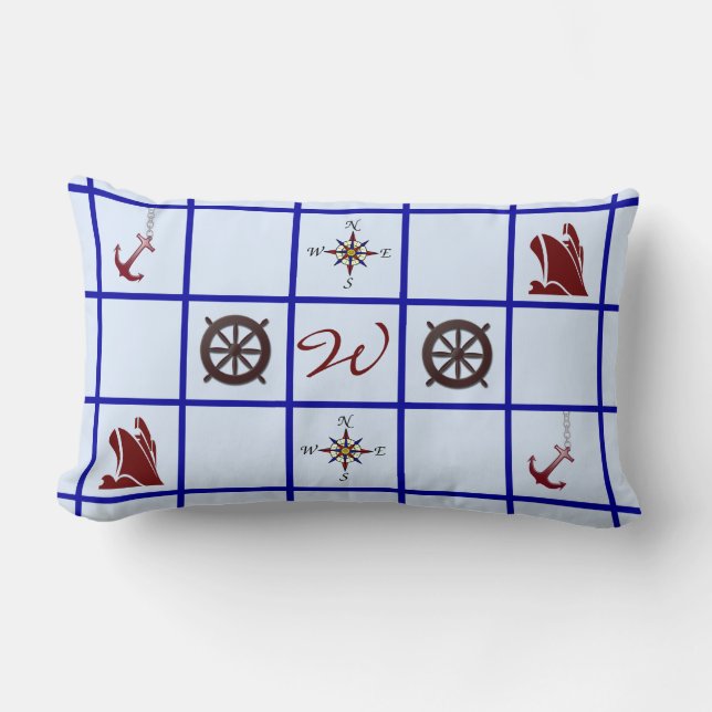Nautical Symbols Monogrammed Lumbar Pillow (Front)