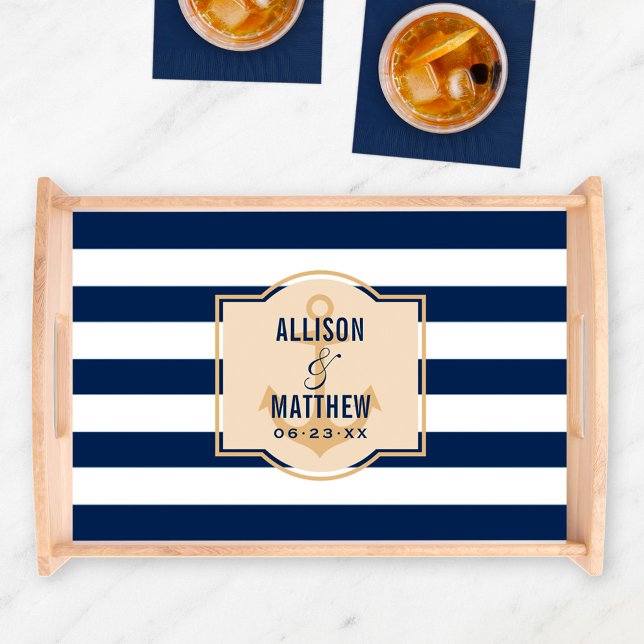 Nautical Tan Navy Blue Stripes Wedding Monogram Serving Tray (Creator Uploaded)