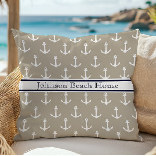 Nautical Taupe Blue White Anchor Pattern Name Throw Pillow
