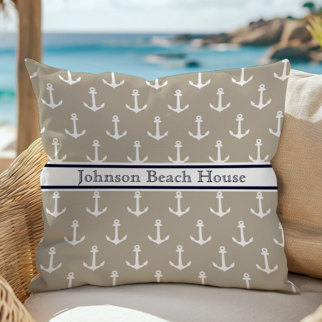 Nautical Taupe Blue White Anchor Pattern Name Throw Pillow (Creator Uploaded)