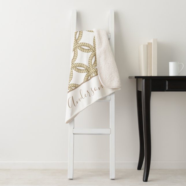 Nautical Taupe Ropes & Family Name Sherpa Blanket (In Situ)