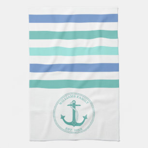 Nautical Teal Anchor Blue White Stripe Family Name Kitchen Towel