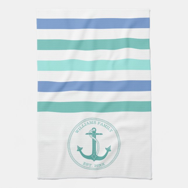 Nautical Teal Anchor Blue White Stripe Family Name Kitchen Towel (Vertical)