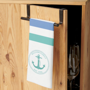Nautical Teal Anchor Blue White Stripe Family Name Kitchen Towel