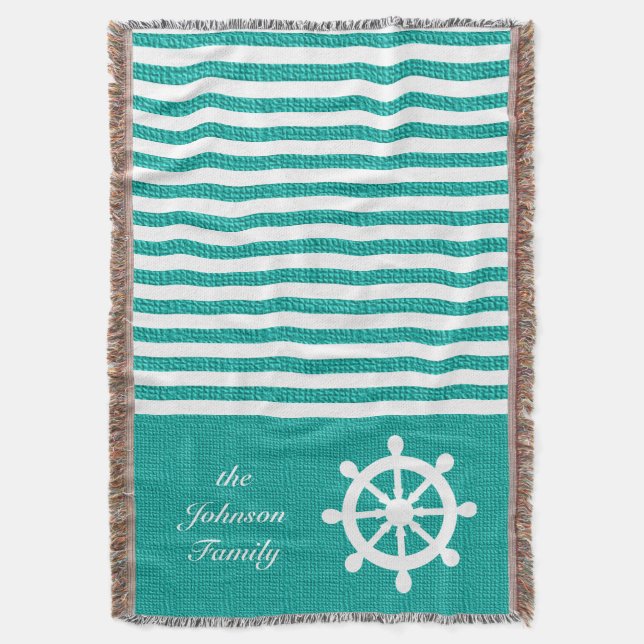 Nautical Teal and White Stripes Throw Blanket (Front Vertical)