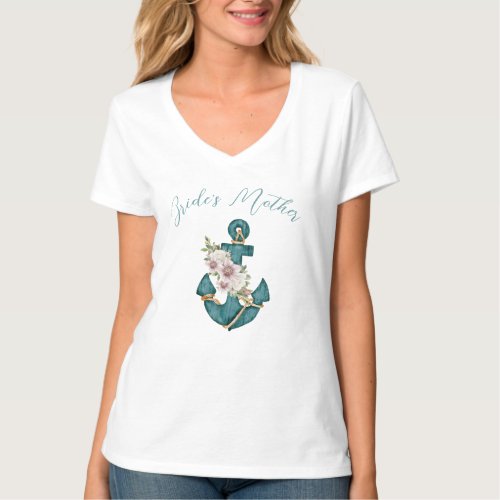 Nautical Teal Aqua Blue Floral Anchor Weding T_Shirt