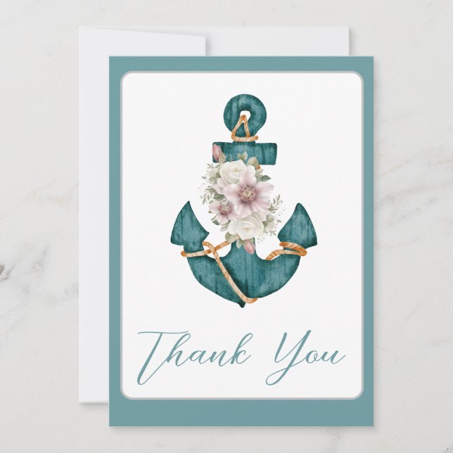 Nautical Teal Aqua Turquoise Blue Floral Anchor  Thank You Card (Front)