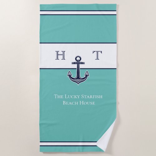 Nautical Teal Blue Anchor Coastal Monogram Name Beach Towel