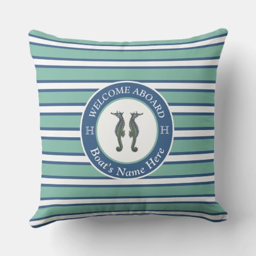 Nautical Teal Blue and White Striped Seahorse Outdoor Pillow