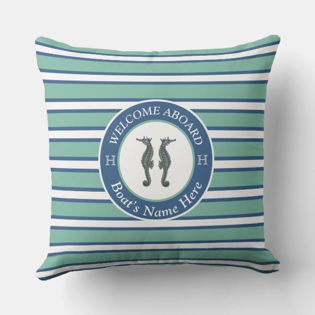 Nautical Teal Blue and White Striped Seahorse Outdoor Pillow (Back)
