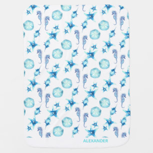 Nautical Teal Blue Coastal Sea Life Baby Blanket