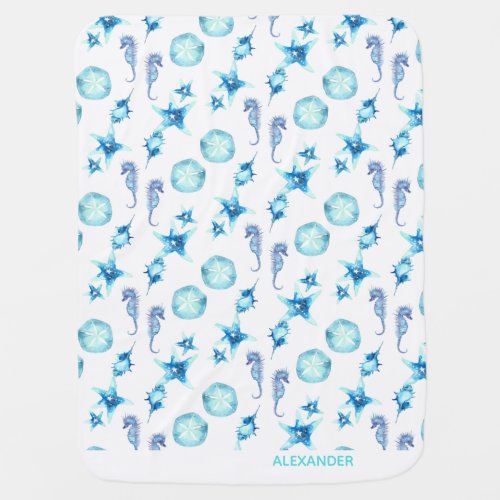 Nautical Teal Blue Coastal Sea Life   Baby Blanket