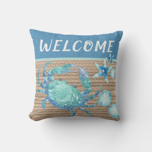 Nautical Teal Blue Crab Starfish Sand Dollar Rope  Outdoor Pillow