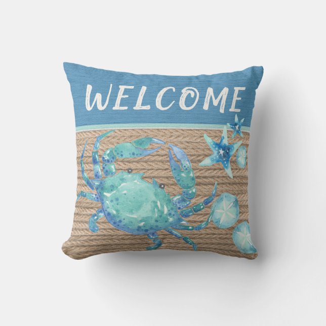 Nautical Teal Blue Crab Starfish Sand Dollar Rope  Outdoor Pillow (Front)