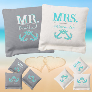Nautical Teal Blue Gray White Anchor Mrs. Mr. Cornhole Bags