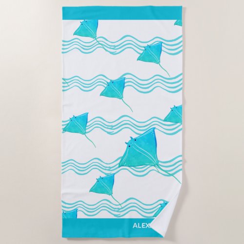 Nautical Teal Blue Manta Ray Wave Bath Towel Set