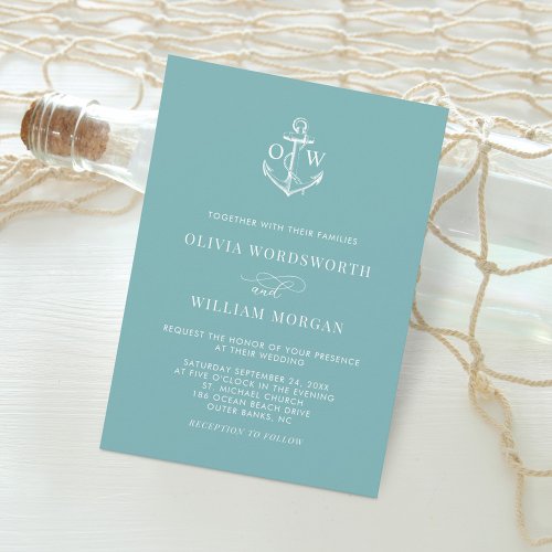 Nautical Teal Blue Monogram Anchor Wedding Invitation