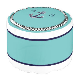 Nautical Teal Blue Navy Anchor Coastal Monogram Pouf