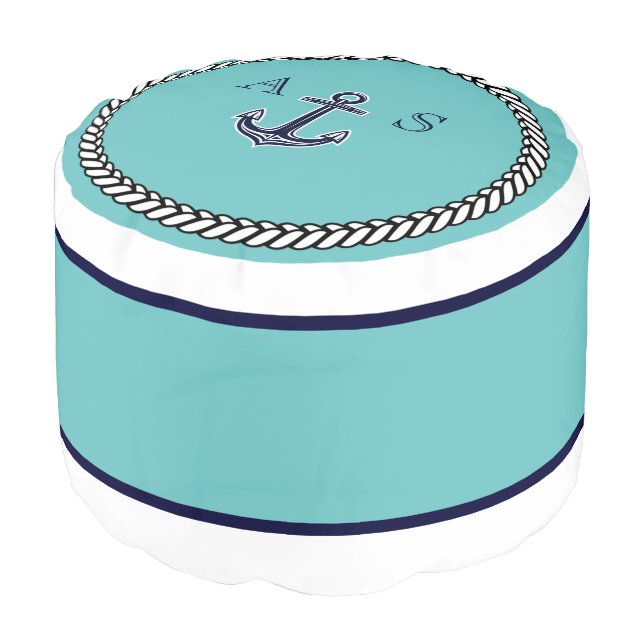 Nautical Teal Blue | Navy Anchor Coastal Monogram Pouf (Angled Front)