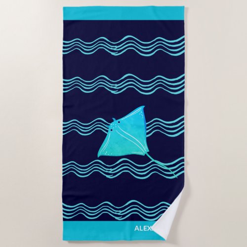 Nautical Teal Blue Navy Manta Ray Wave Beach Towel