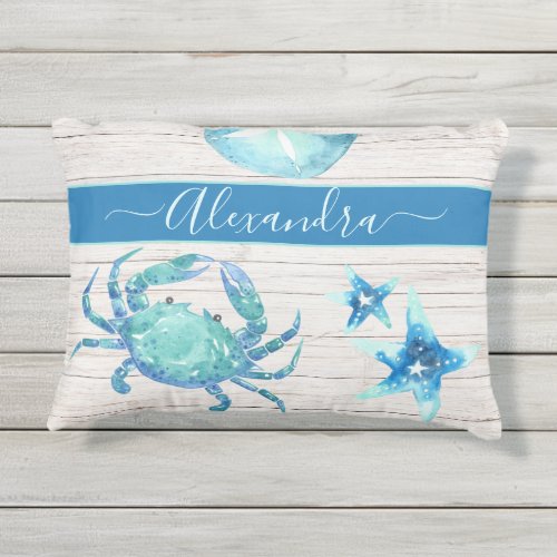 Nautical Teal Blue  Seahorse Sand Dollar Outdoor Pillow