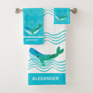 Nautical Teal Blue  Whale Waves  Bath Towel Set