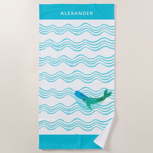 Nautical Teal Blue Whales and Waves Beach Towel (Front)