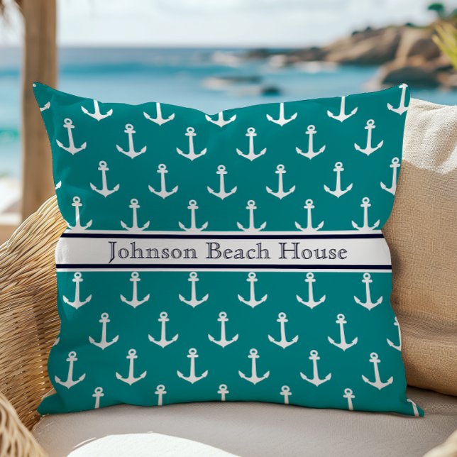 Nautical Teal Blue White Anchor Pattern Name Throw Pillow (Creator Uploaded)