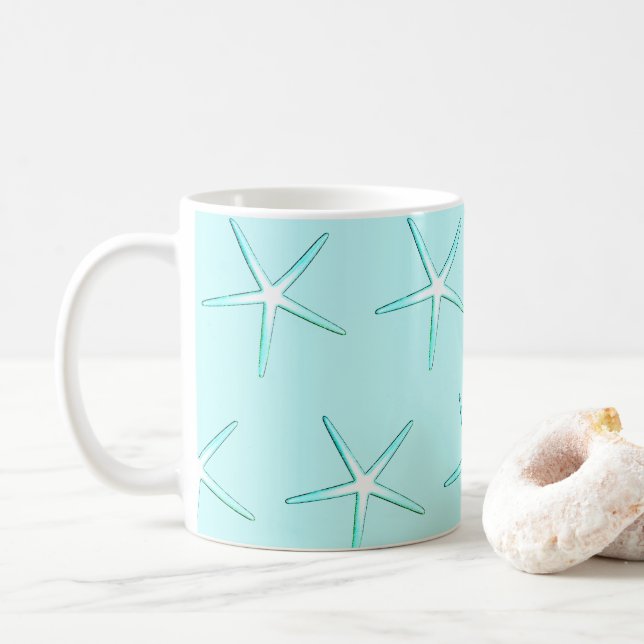 Nautical Teal Blue White Starfish Patterns Cute Coffee Mug (With Donut)