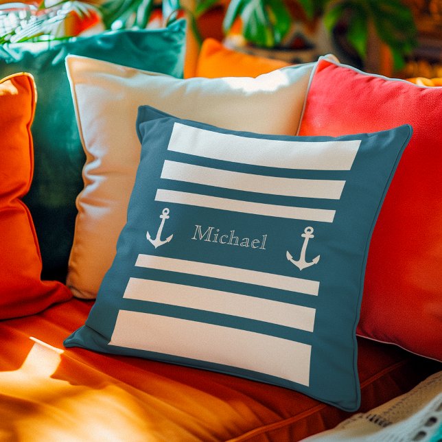 Nautical Teal Blue White Stripes Anchor Name Throw Pillow (Creator Uploaded)