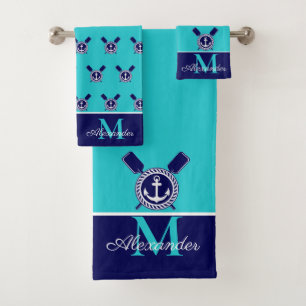 Nautical Teal Navy Blue Anchor and Paddles Bath T Bath Towel Set