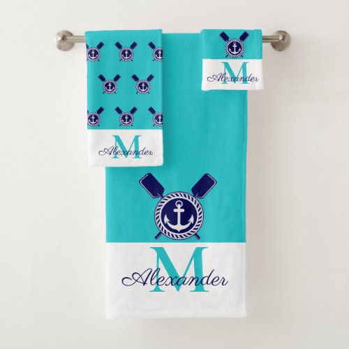  Nautical Teal Navy Blue Anchor and Paddles Bath Towel Set