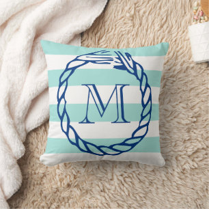 Nautical teal stripe navy blue rope monogram throw pillow