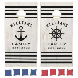 Nautical Team Personalized Family Name Wood Grain Cornhole Set