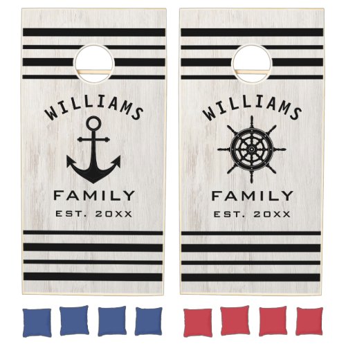 Nautical Team Personalized Family Name Wood Grain Cornhole Set